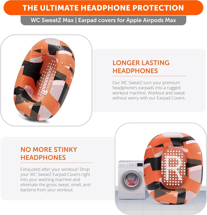 WC SweatZ Max - Patented Protective Earpad Covers for Airpods Max Made by Wicked Cushions | Sweatproof & Easily Washable | Full Earpad Sweat Protection | Orange Prism - Image 2